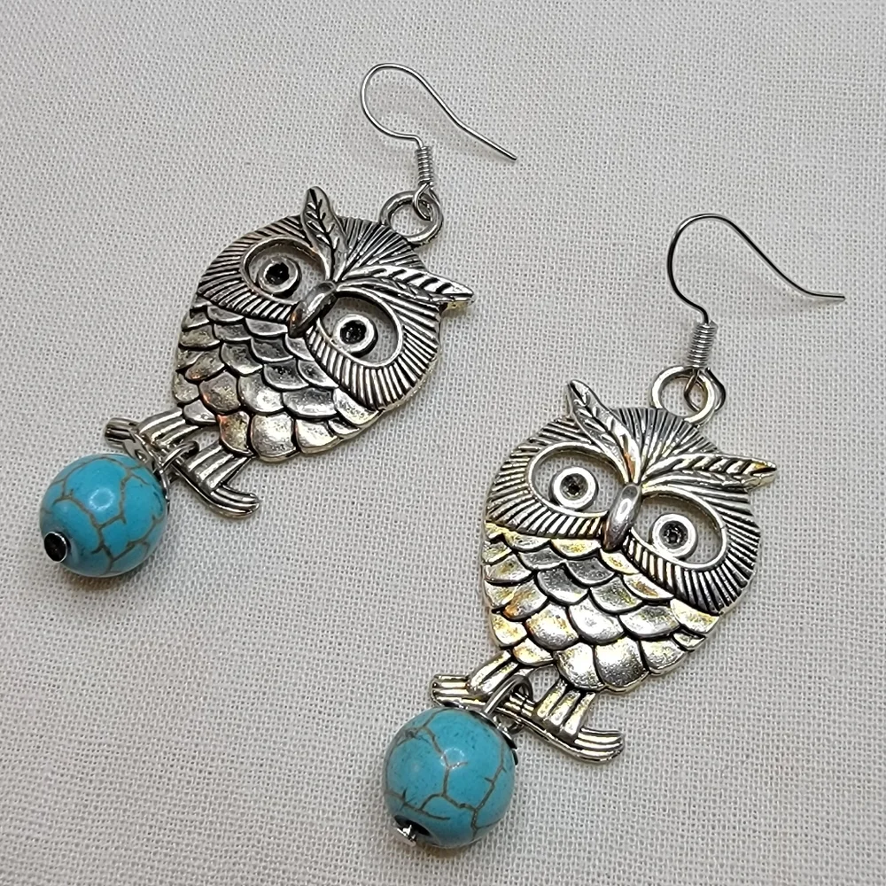 Turquoise Owl Earrings Silver Tone